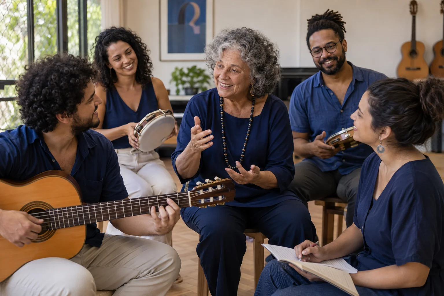 Cena ilustrativa de educadores de diferentes gerações compartilhando uma vivência musical.
