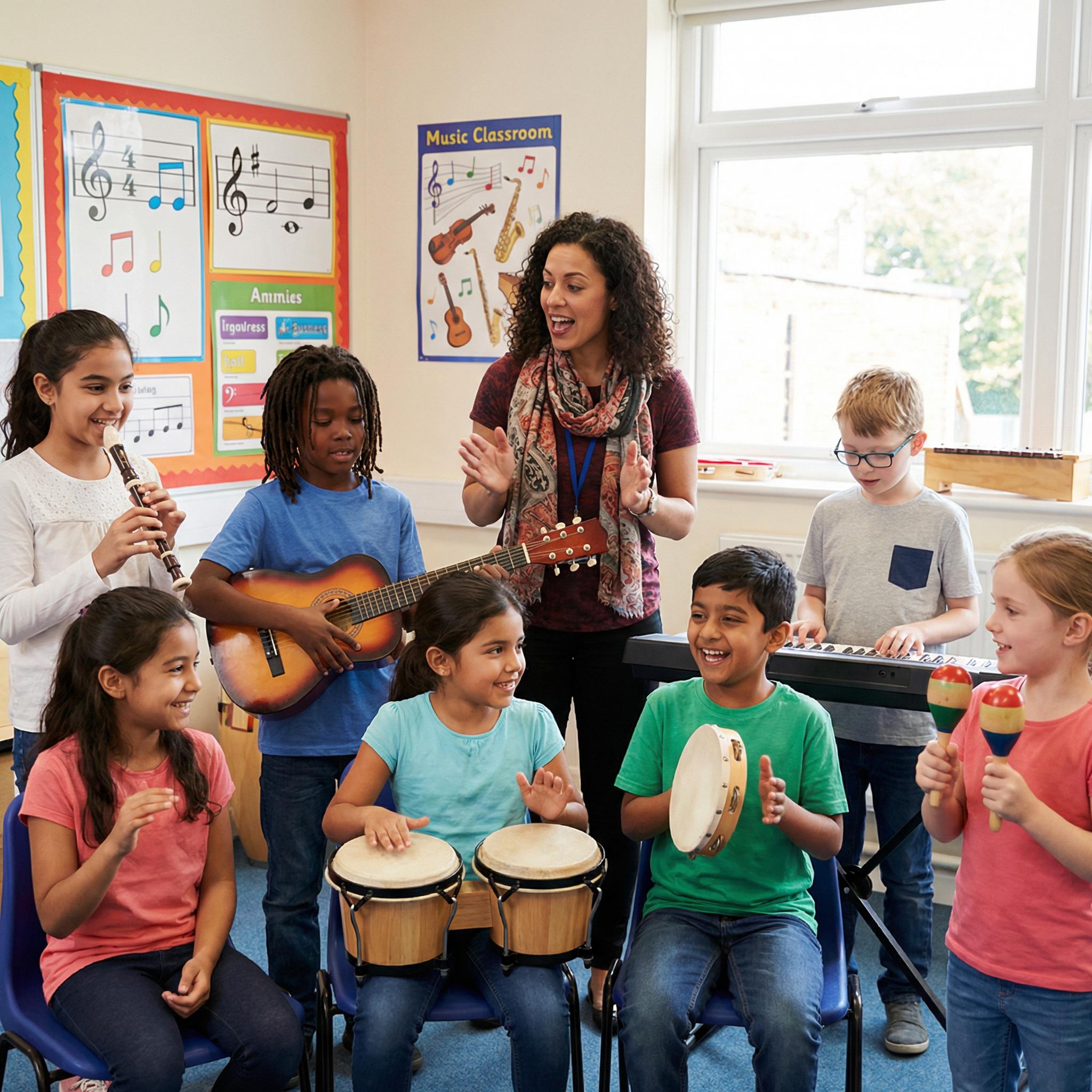 Educadora acompanha com atenção uma jovem explorando sons em um instrumento de percussão.